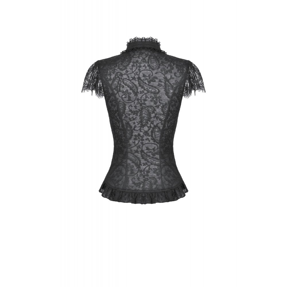 Women's Gothic Corset Top Black Floral Lace High-Neck Shoulder-Mantle - Collar Detail - QHA UK
