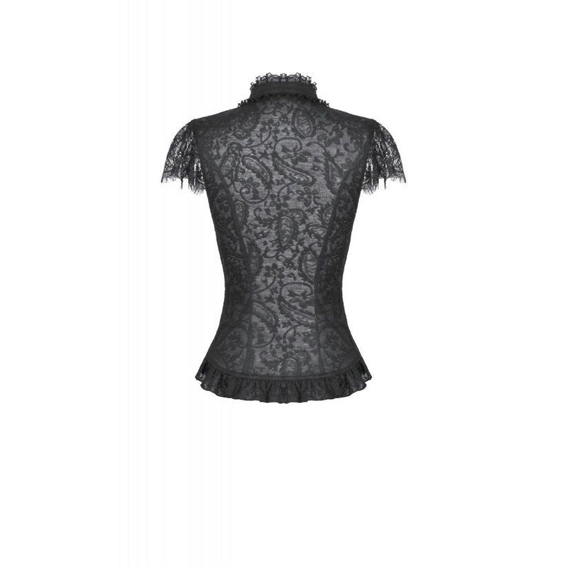 Women's Gothic Corset Top Black Floral Lace High-Neck Shoulder-Mantle - Collar Detail - QHA UK