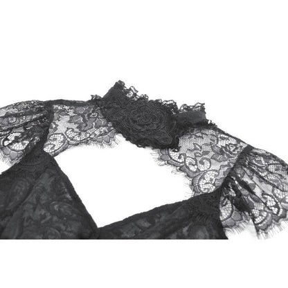 Women's Gothic Corset Top Black Floral Lace High-Neck Shoulder-Mantle - Collar Detail - QHA UK