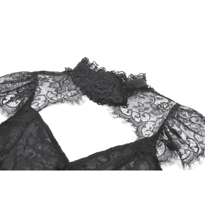 Women's Gothic Corset Top Black Floral Lace High-Neck Shoulder-Mantle - Collar Detail - QHA UK