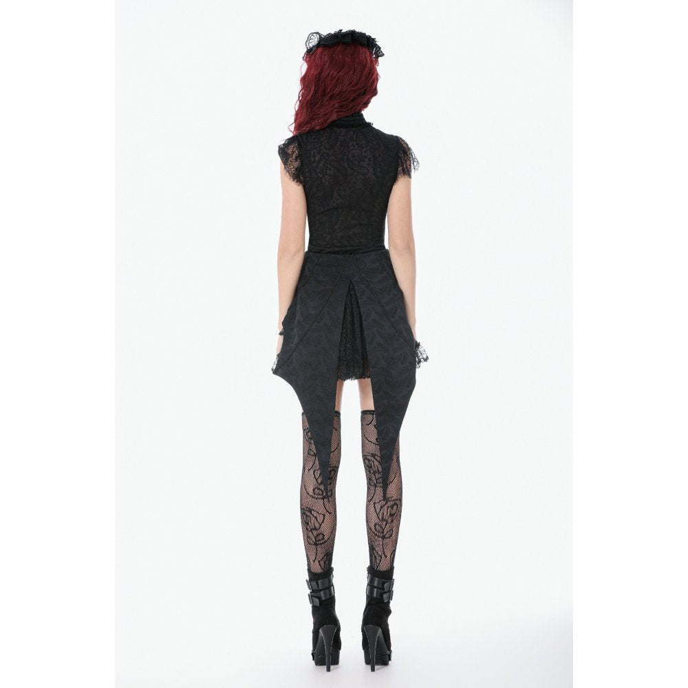 Women's Gothic Corset Top Black Floral Lace High-Neck Shoulder-Mantle - Collar Detail - QHA UK