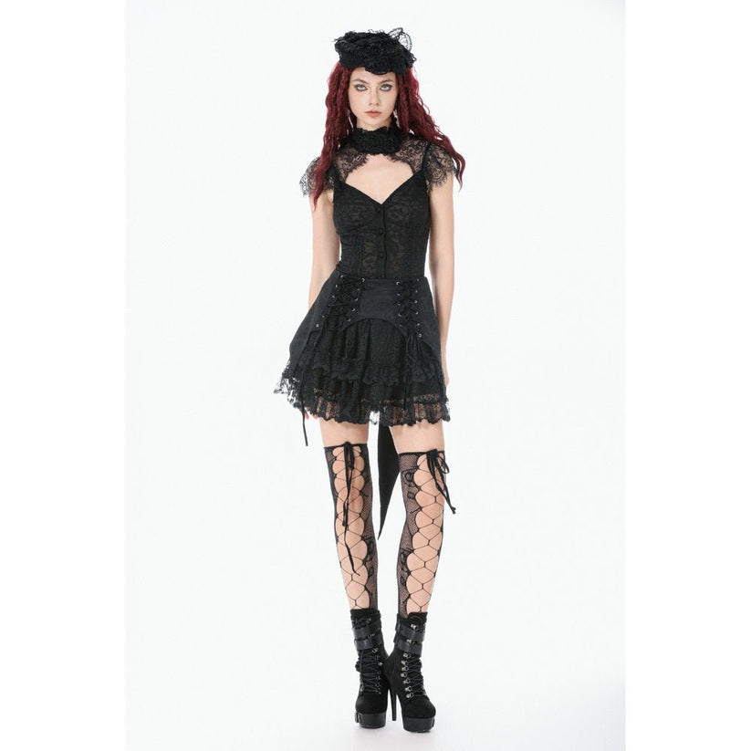 Women's Gothic Corset Top Black Floral Lace High-Neck Shoulder-Mantle - Collar Detail - QHA UK