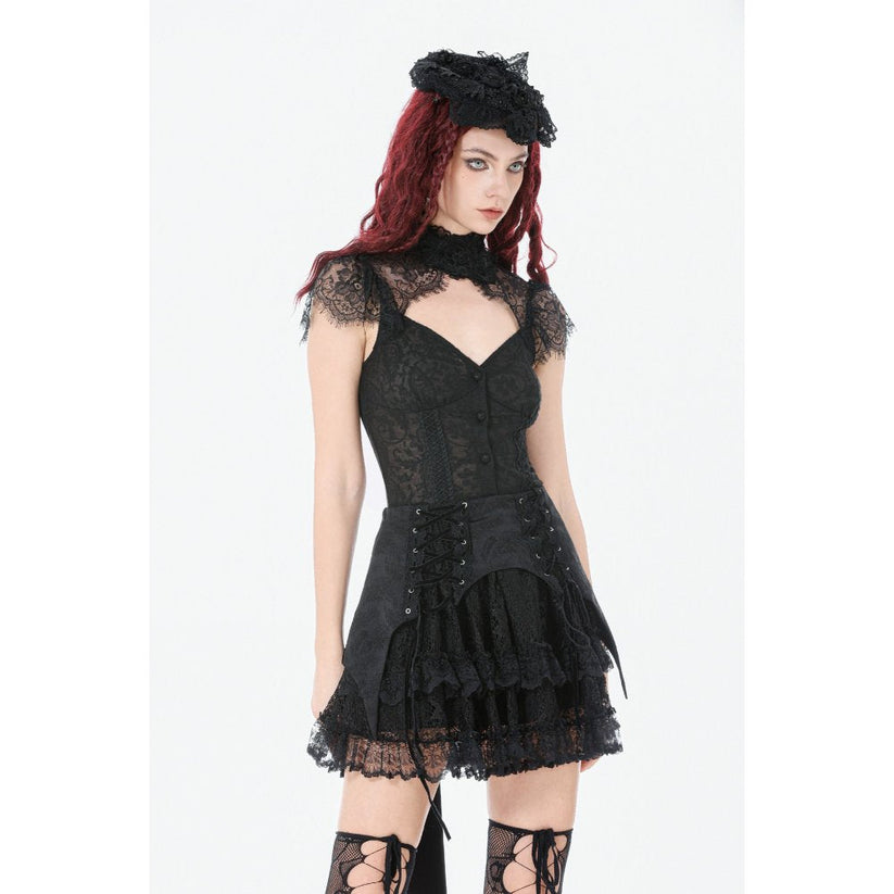 Women's Gothic Corset Top Black Floral Lace High-Neck Shoulder-Mantle - Collar Detail - QHA UK