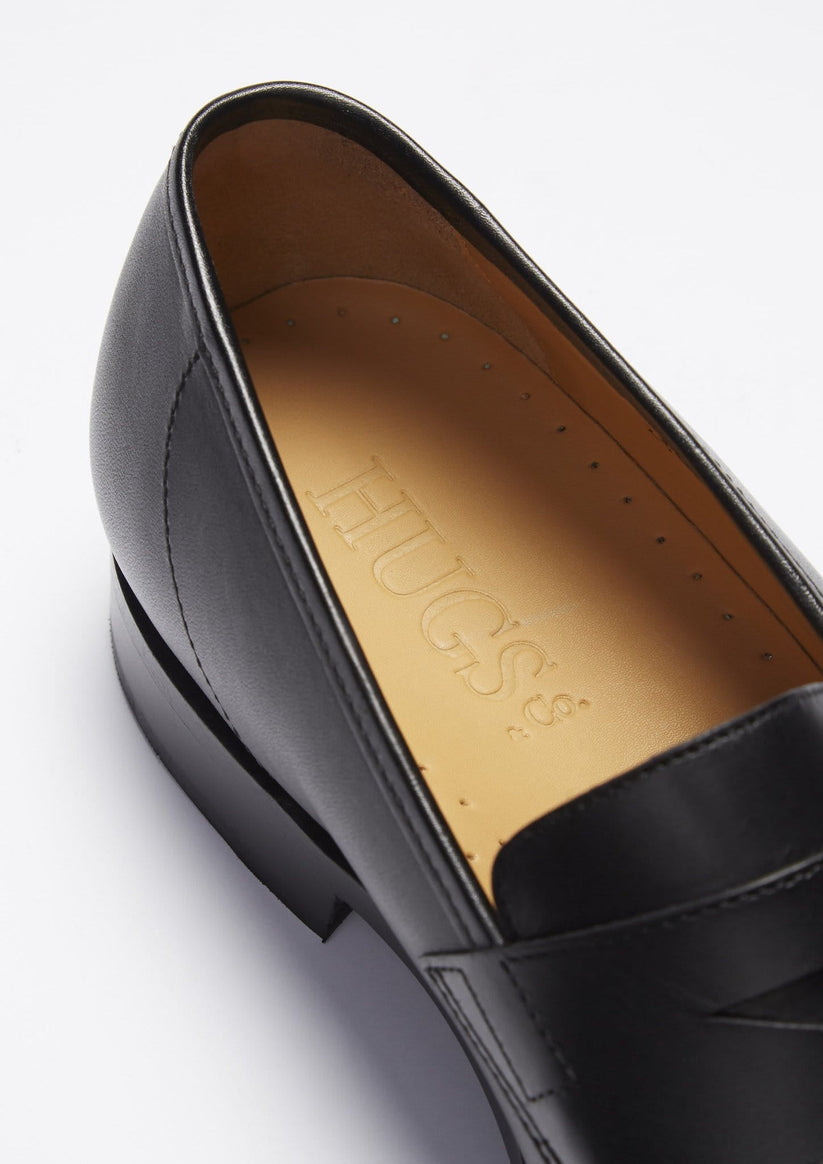 Hugs & Co Mens Black Leather Loafers Welted Leather Sole UK 7-14 - Sole Detail - QHA UK