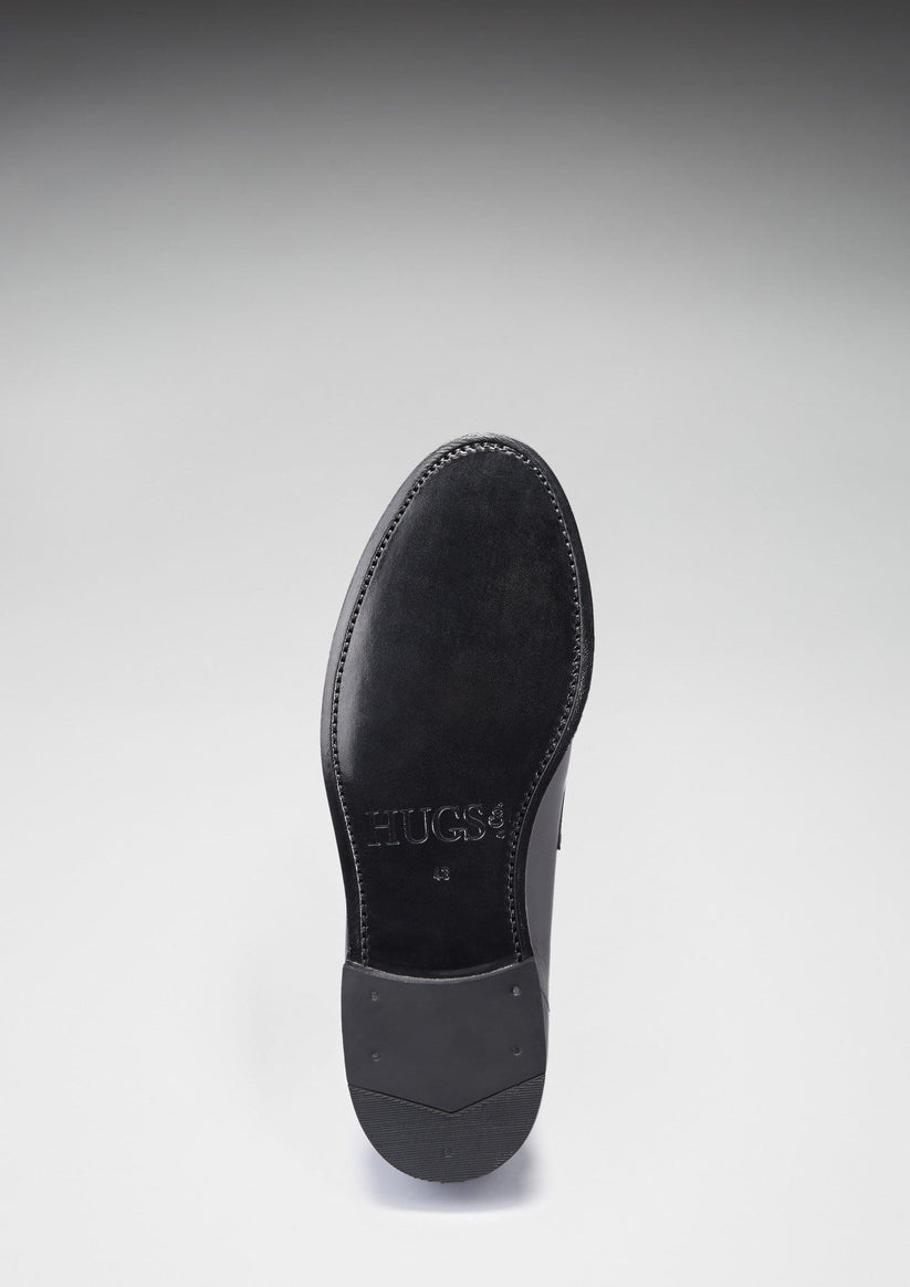 Hugs & Co Mens Black Leather Loafers Welted Leather Sole UK 7-14 - Sole Detail - QHA UK