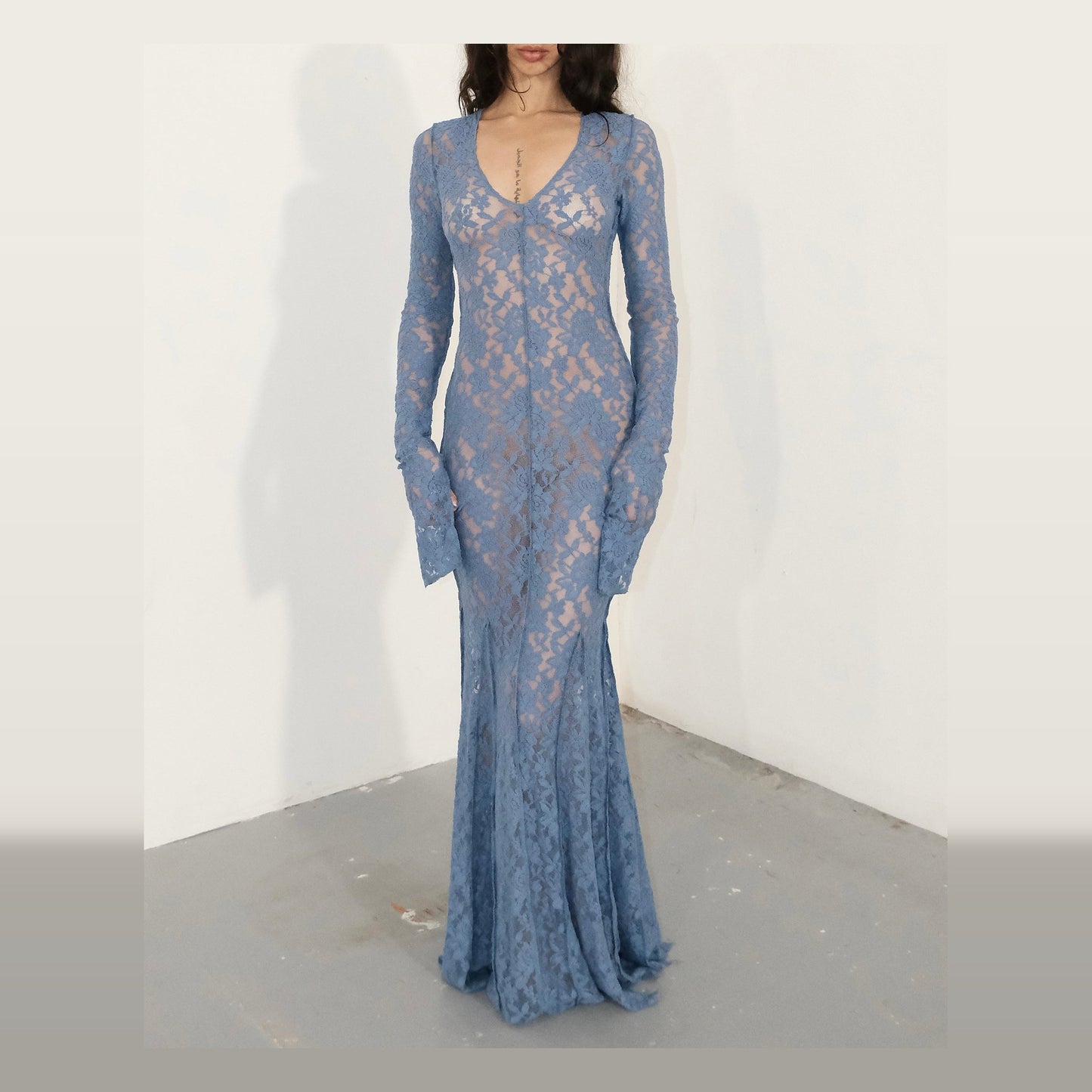Ensogirl Blue Lace Trumpet Maxi Dress Deep V Long Sleeve | QHA UK - QHA UK