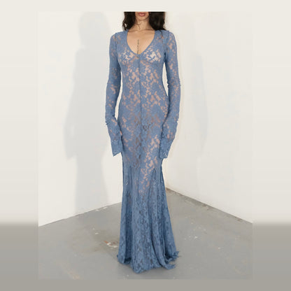 Ensogirl Blue Lace Trumpet Maxi Dress Deep V Long Sleeve | QHA UK - QHA UK