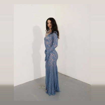 Ensogirl Blue Lace Trumpet Maxi Dress Deep V Long Sleeve | QHA UK - QHA UK