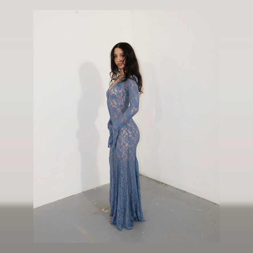 Ensogirl Blue Lace Trumpet Maxi Dress Deep V Long Sleeve | QHA UK - QHA UK