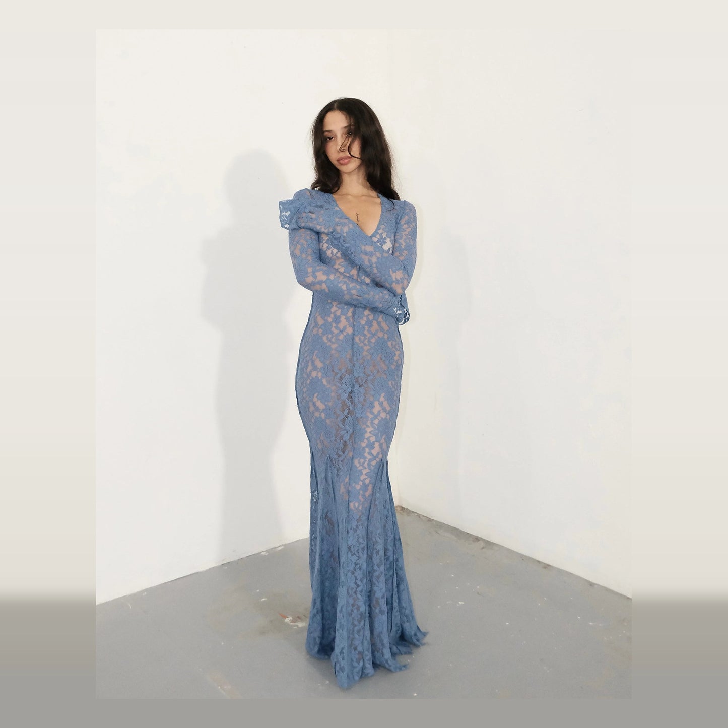 Ensogirl Blue Lace Trumpet Maxi Dress Deep V Long Sleeve | QHA UK - QHA UK