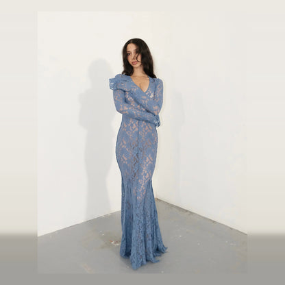 Ensogirl Blue Lace Trumpet Maxi Dress Deep V Long Sleeve | QHA UK - QHA UK