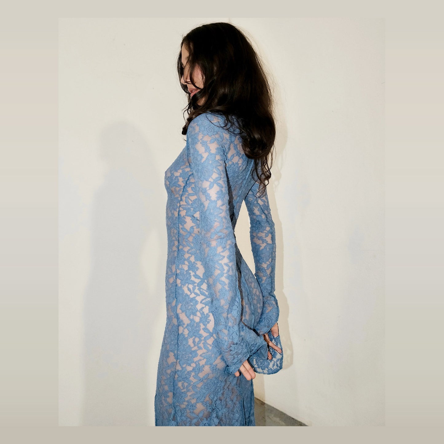 Ensogirl Blue Lace Trumpet Maxi Dress Deep V Long Sleeve | QHA UK - QHA UK