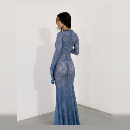 Ensogirl Blue Lace Trumpet Maxi Dress Deep V Long Sleeve | QHA UK - QHA UK