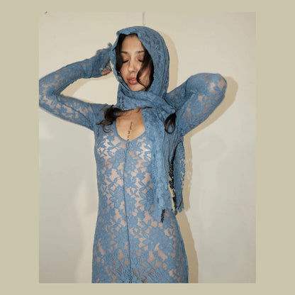 Ensogirl Blue Lace Trumpet Maxi Dress Deep V Long Sleeve | QHA UK - QHA UK