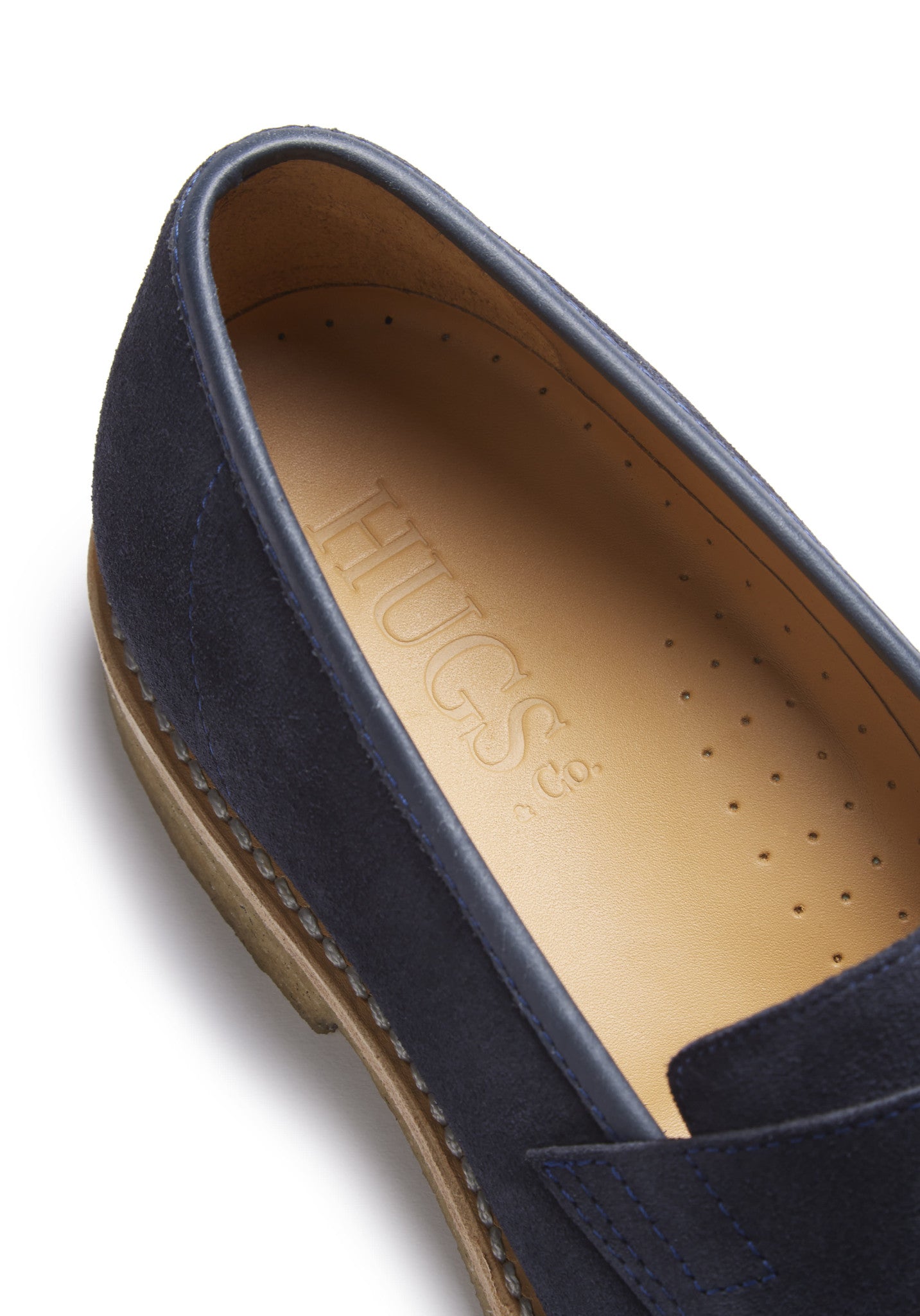 Hugs & Co Mens Blue Suede Loafers Crepe Rubber Welted Sole UK 7-14 - Sole Detail - QHA UK