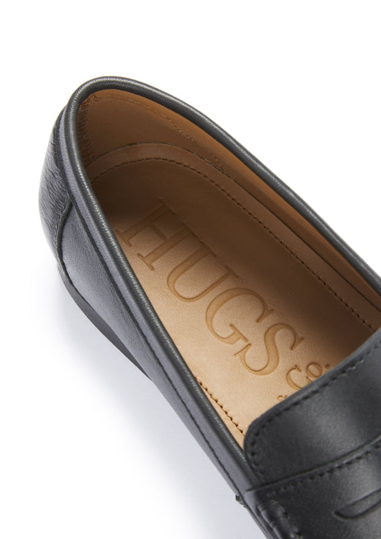 Hugs & Co Mens Boat Loafers Black Leather UK 7-14 - QHA UK