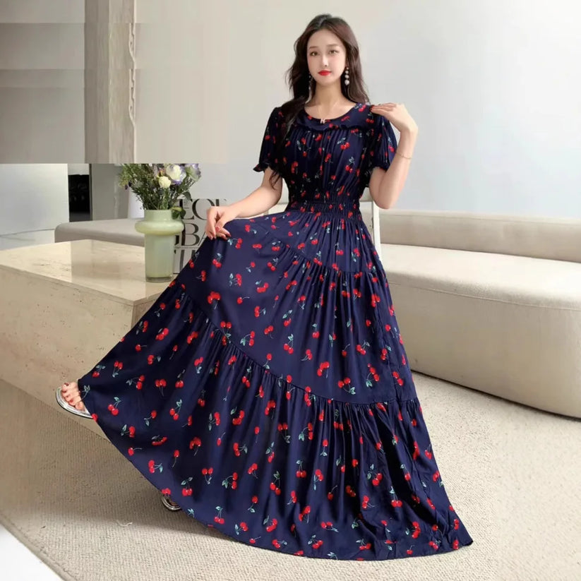Womens Cotton Floral Boho Ankle Length Beach Dress One Size - QHA UK