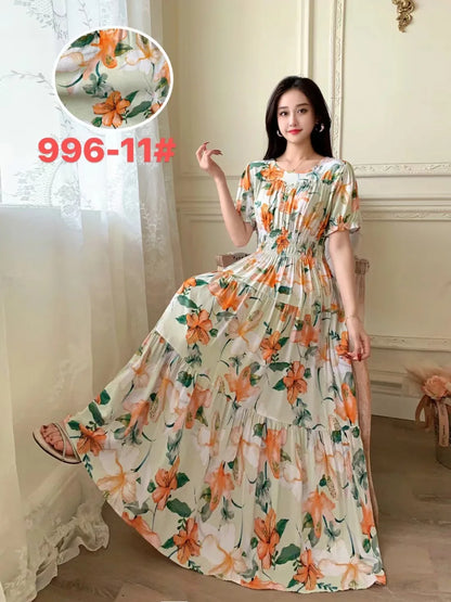 Womens Cotton Floral Boho Ankle Length Beach Dress One Size - QHA UK