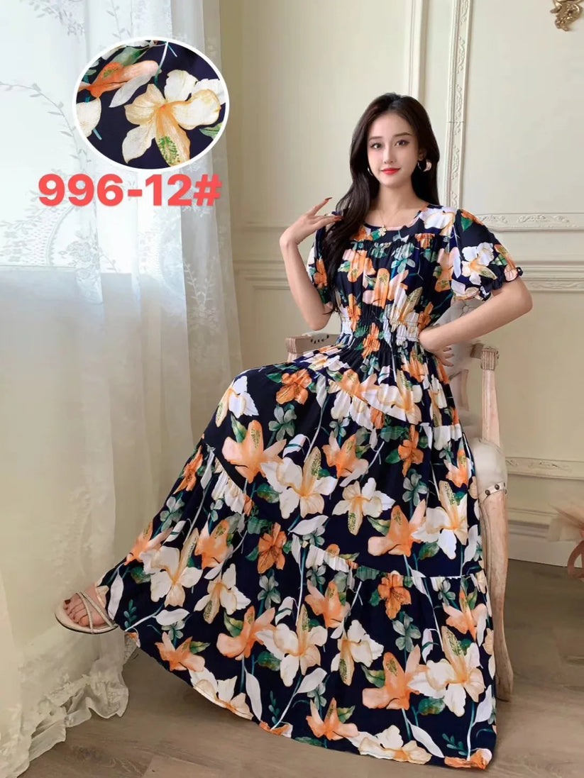 Womens Cotton Floral Boho Ankle Length Beach Dress One Size - QHA UK