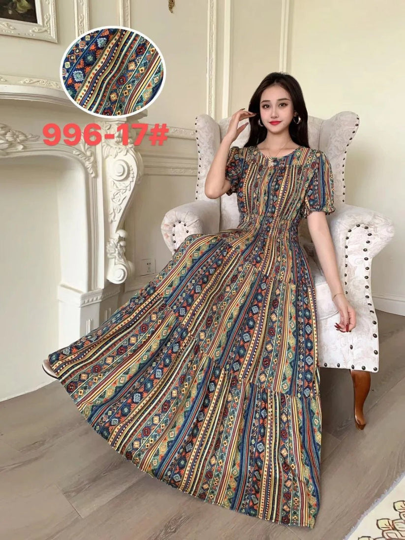 Womens Cotton Floral Boho Ankle Length Beach Dress One Size - QHA UK
