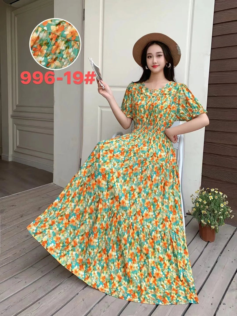 Womens Cotton Floral Boho Ankle Length Beach Dress One Size - QHA UK