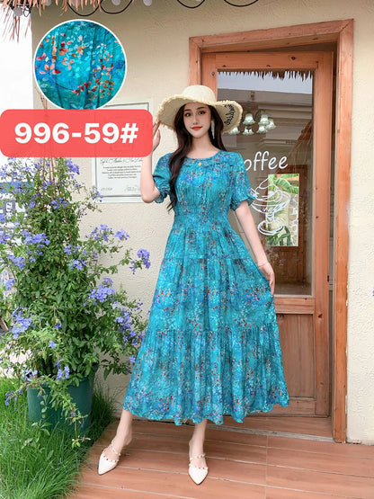 Womens Cotton Floral Boho Ankle Length Beach Dress One Size - QHA UK