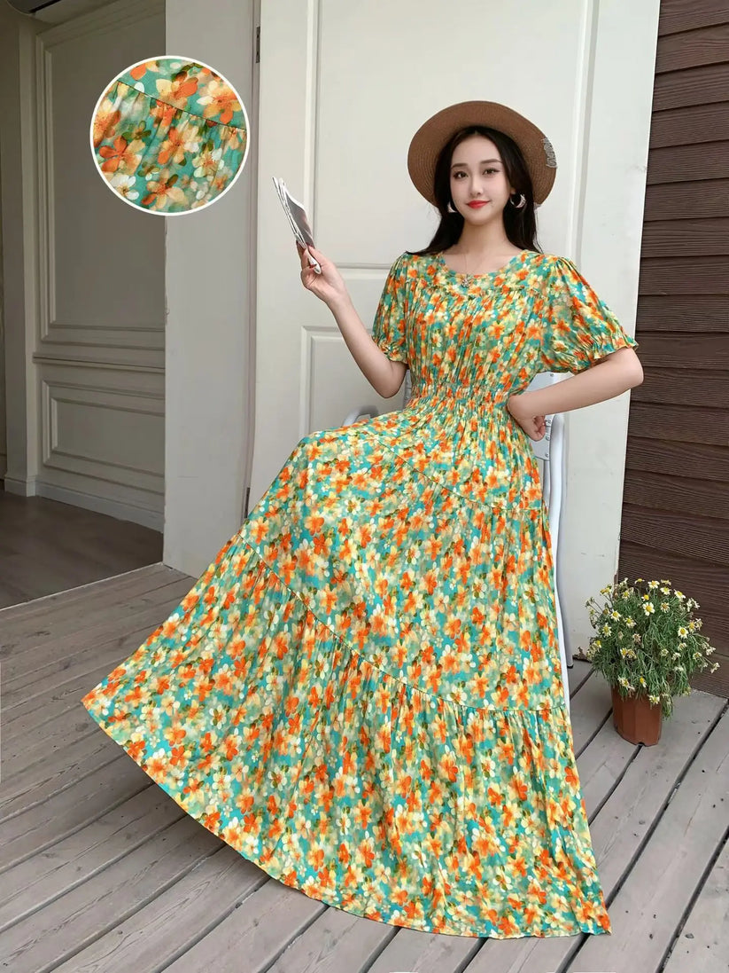 Womens Cotton Floral Boho Ankle Length Beach Dress One Size - QHA UK