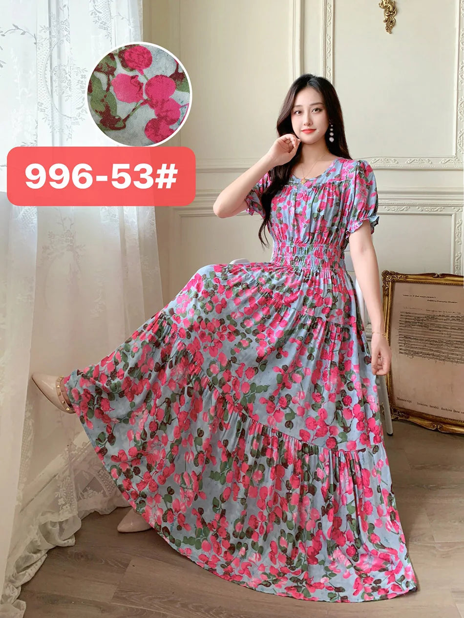 Womens Cotton Floral Boho Ankle Length Beach Dress One Size - QHA UK