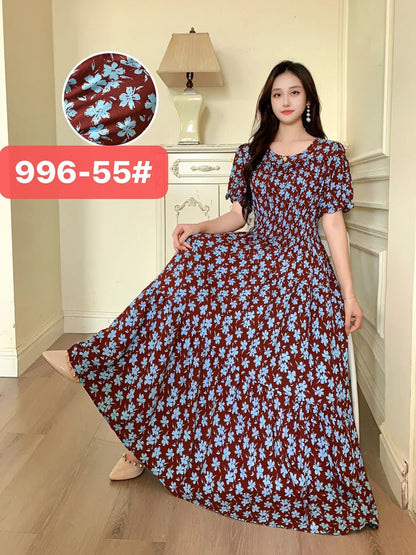 Womens Cotton Floral Boho Ankle Length Beach Dress One Size - QHA UK