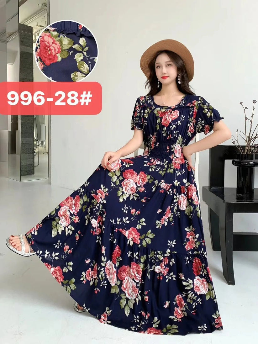 Womens Cotton Floral Boho Ankle Length Beach Dress One Size - QHA UK