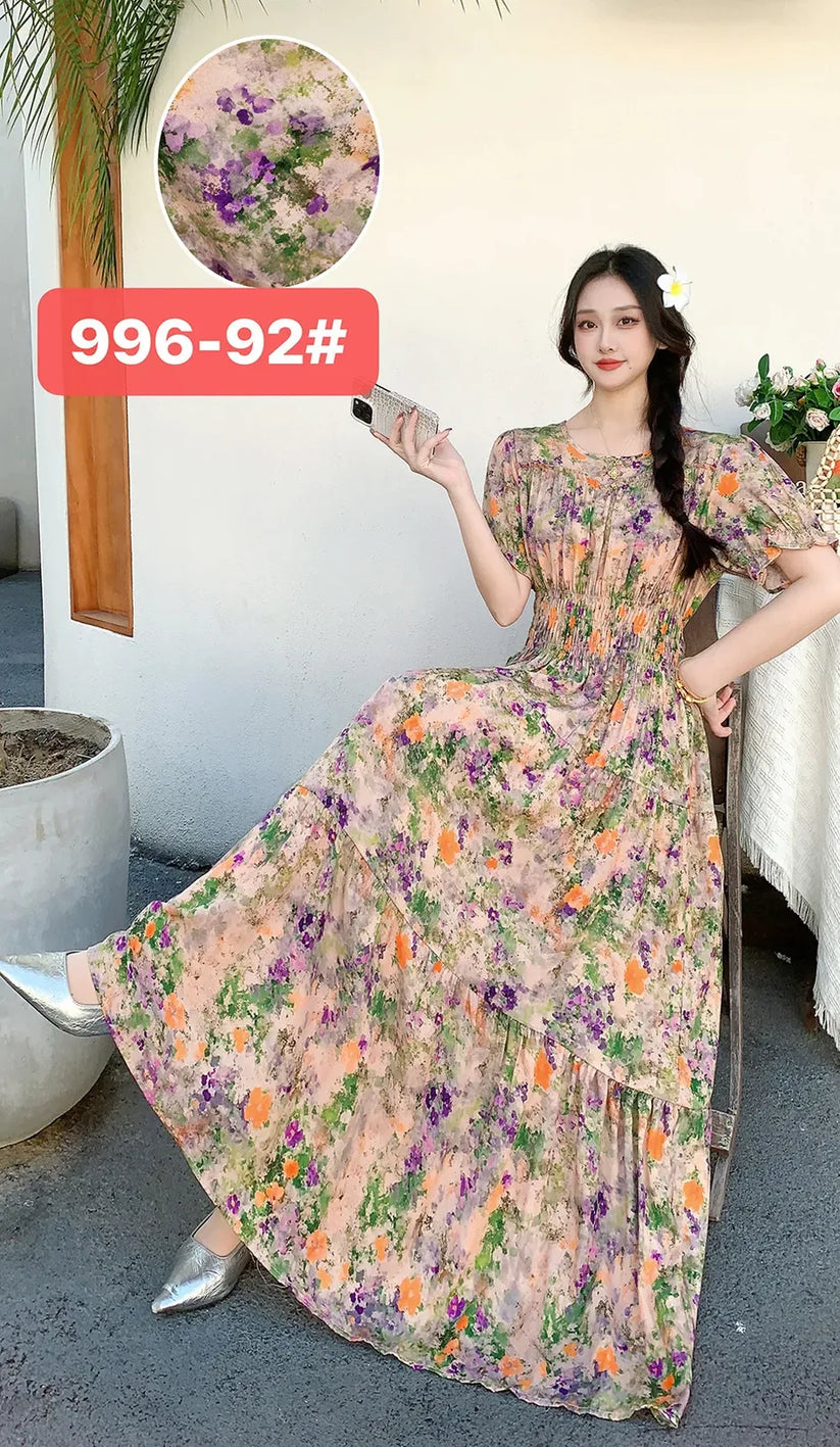 Womens Cotton Floral Boho Ankle Length Beach Dress One Size - QHA UK
