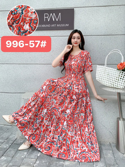 Womens Cotton Floral Boho Ankle Length Beach Dress One Size - QHA UK