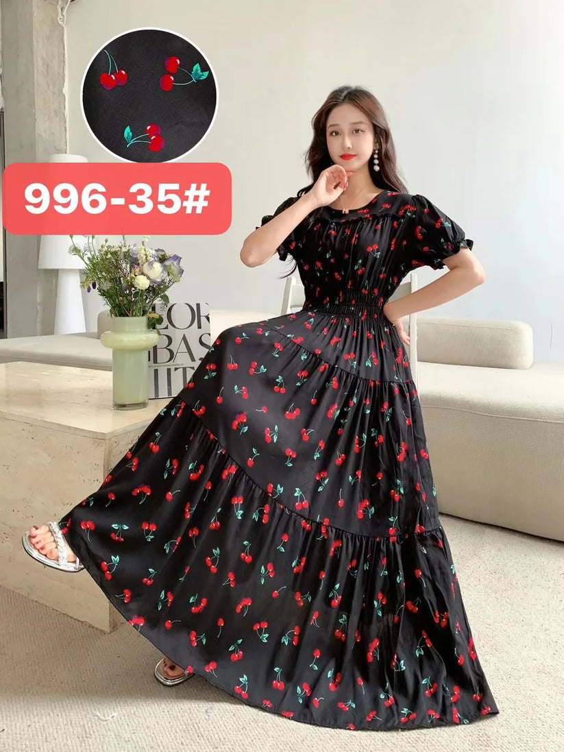 Womens Cotton Floral Boho Ankle Length Beach Dress One Size - QHA UK
