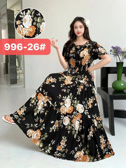 Womens Cotton Floral Boho Ankle Length Beach Dress One Size - QHA UK