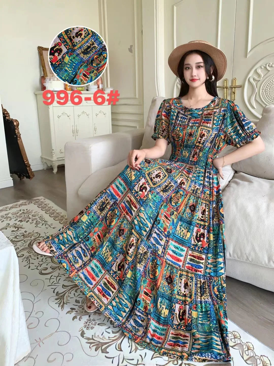 Womens Cotton Floral Boho Ankle Length Beach Dress One Size - QHA UK