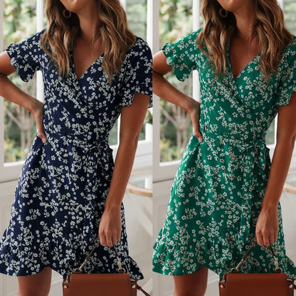Sungnam Womens Boho Chiffon Ruffle V Neck Mini Dress S to XL - Collar Detail - QHA UK
