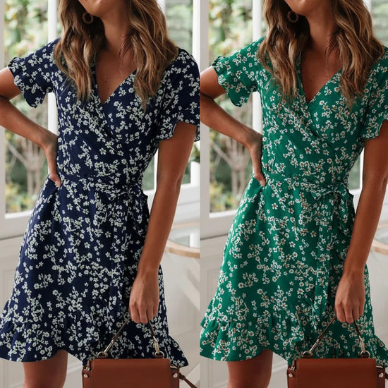 Sungnam Womens Boho Chiffon Ruffle V Neck Mini Dress S to XL - Collar Detail - QHA UK