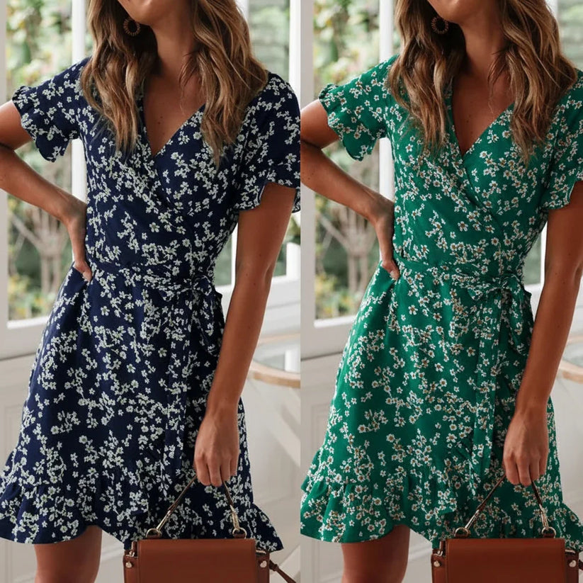 Sungnam Womens Boho Chiffon Ruffle V Neck Mini Dress S to XL - Collar Detail - QHA UK