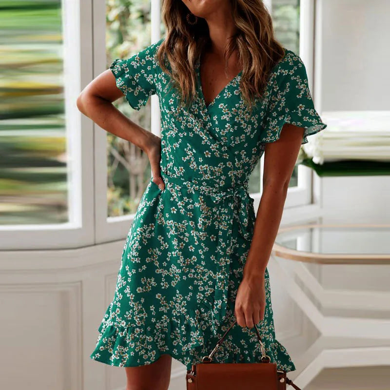 Sungnam Womens Boho Chiffon Ruffle V Neck Mini Dress S to XL - Collar Detail - QHA UK