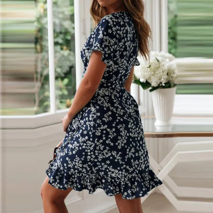Sungnam Womens Boho Chiffon Ruffle V Neck Mini Dress S to XL - Collar Detail - QHA UK