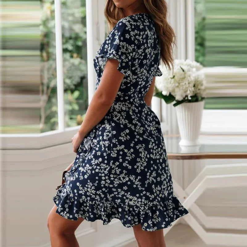 Sungnam Womens Boho Chiffon Ruffle V Neck Mini Dress S to XL - Collar Detail - QHA UK