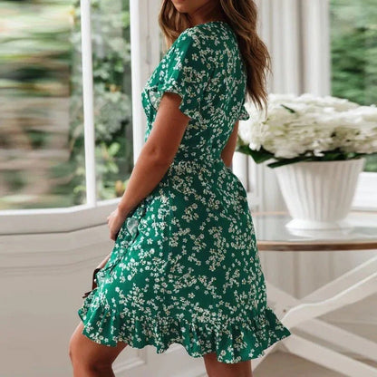 Sungnam Womens Boho Chiffon Ruffle V Neck Mini Dress S to XL - Collar Detail - QHA UK