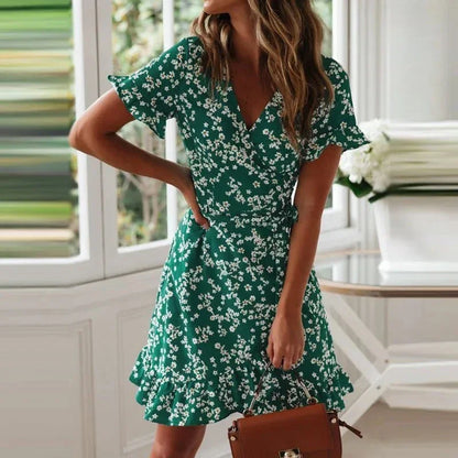 Sungnam Womens Boho Chiffon Ruffle V Neck Mini Dress S to XL - Collar Detail - QHA UK