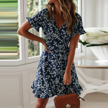 Sungnam Womens Boho Chiffon Ruffle V Neck Mini Dress S to XL - Collar Detail - QHA UK