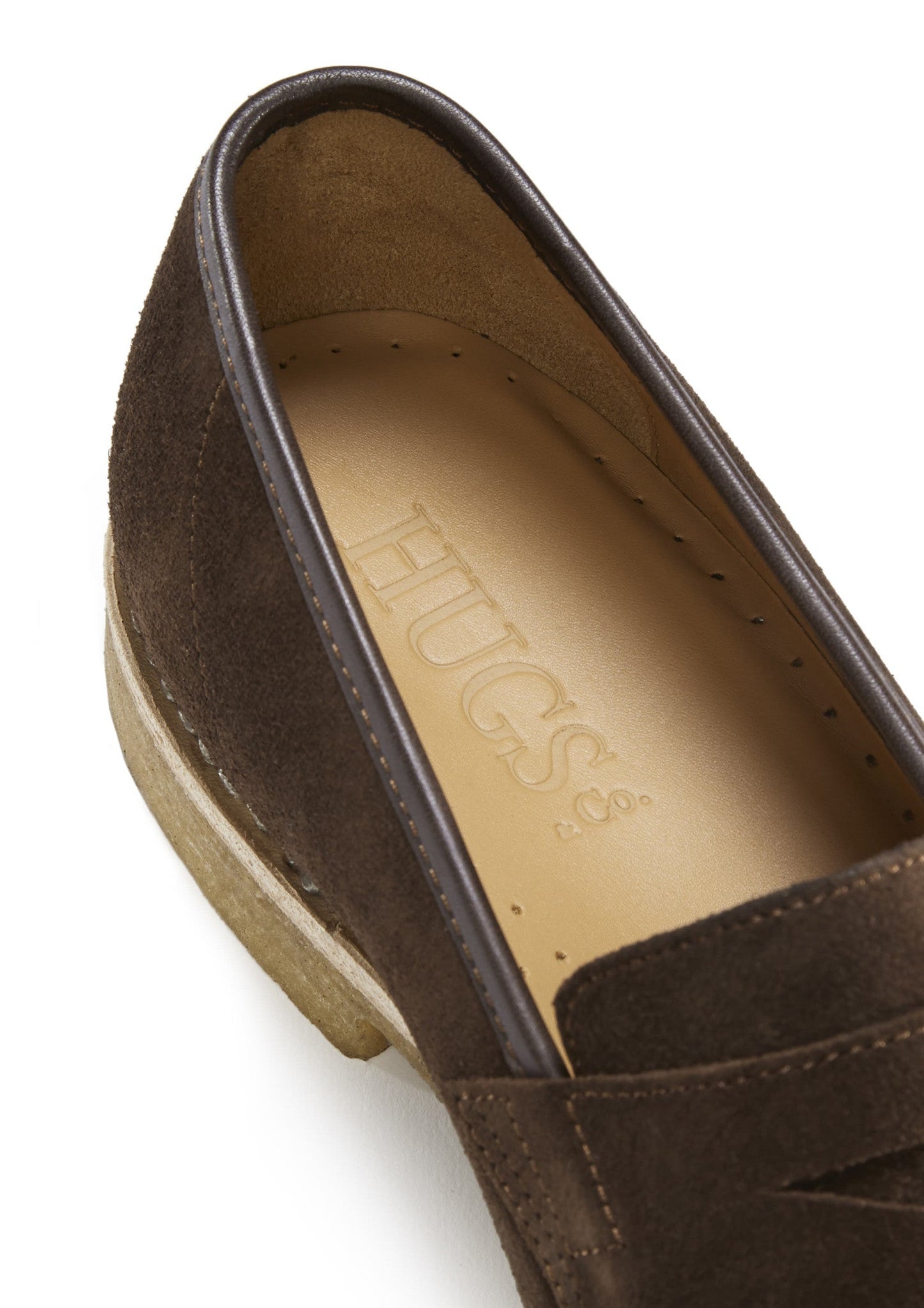 Hugs & Co Mens Brown Suede Loafers Crepe Rubber Welted Sole UK 7-14 - Sole Detail - QHA UK