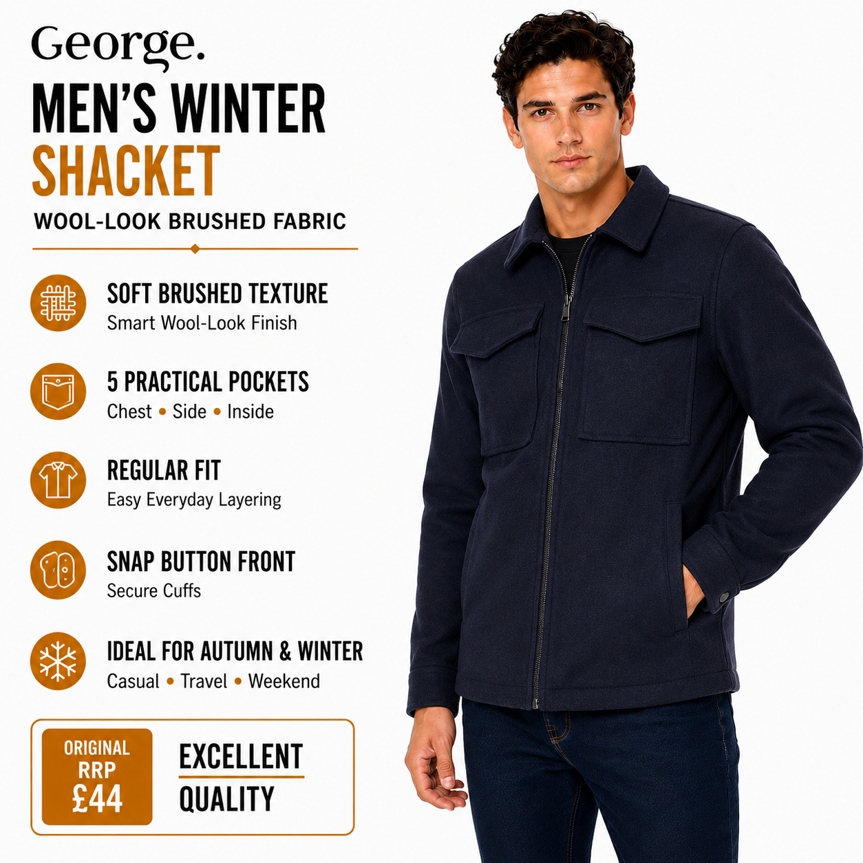 George Mens Brushed Winter Shacket Wool Look Overshirt Jacket Pockets - QHA UK