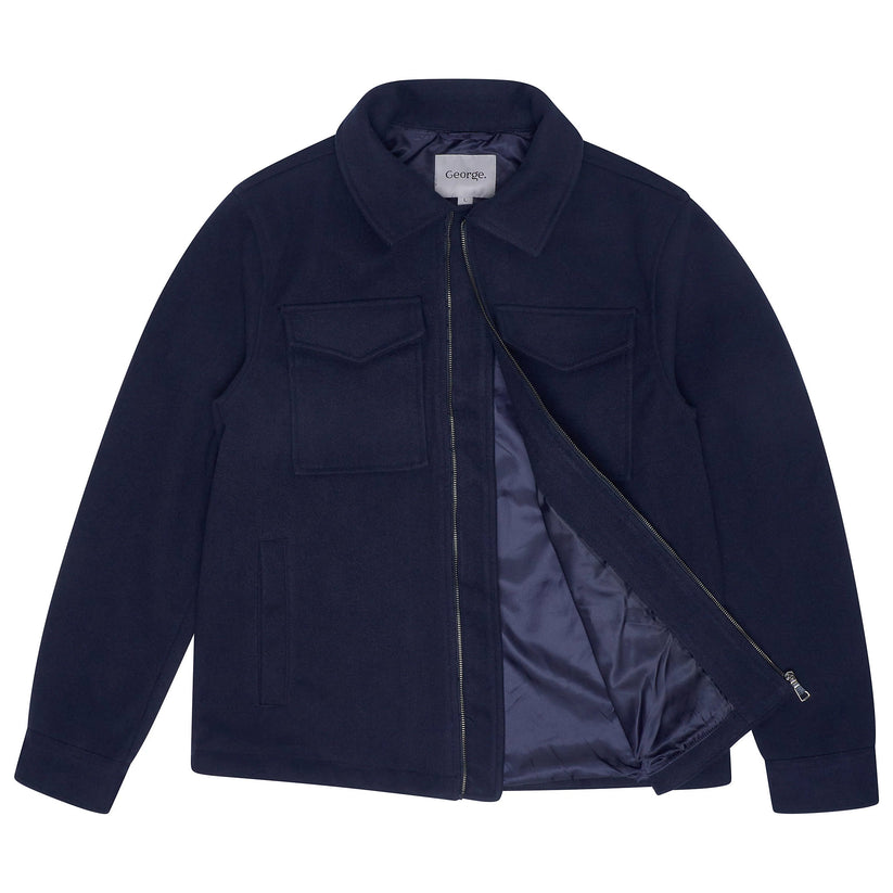 George Mens Brushed Winter Shacket Wool Look Overshirt Jacket Pockets - QHA UK