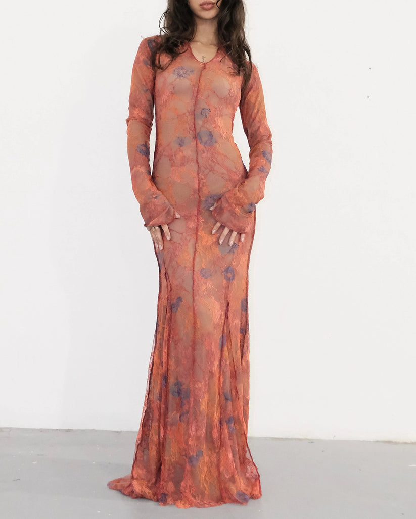 Ensogirl Burnt Orange Lace Trumpet Maxi Dress Long Sleeve | QHA UK - QHA UK