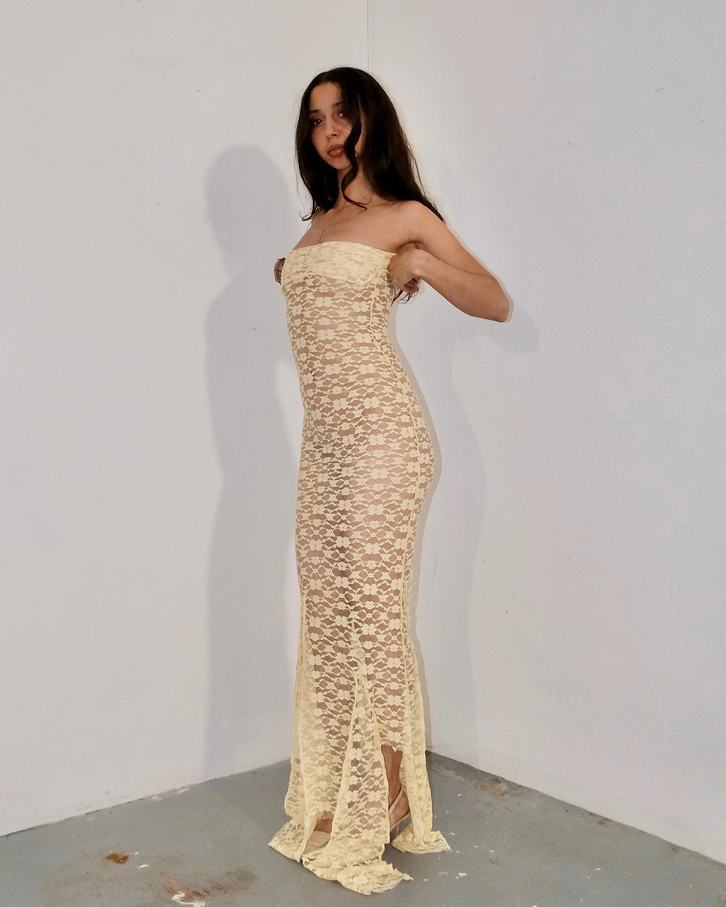 Ensogirl Butter Yellow Lace Bardot Trumpet Maxi Dress | QHA UK - QHA UK