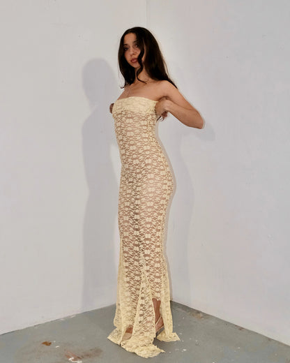 Ensogirl Butter Yellow Lace Bardot Trumpet Maxi Dress | QHA UK - QHA UK